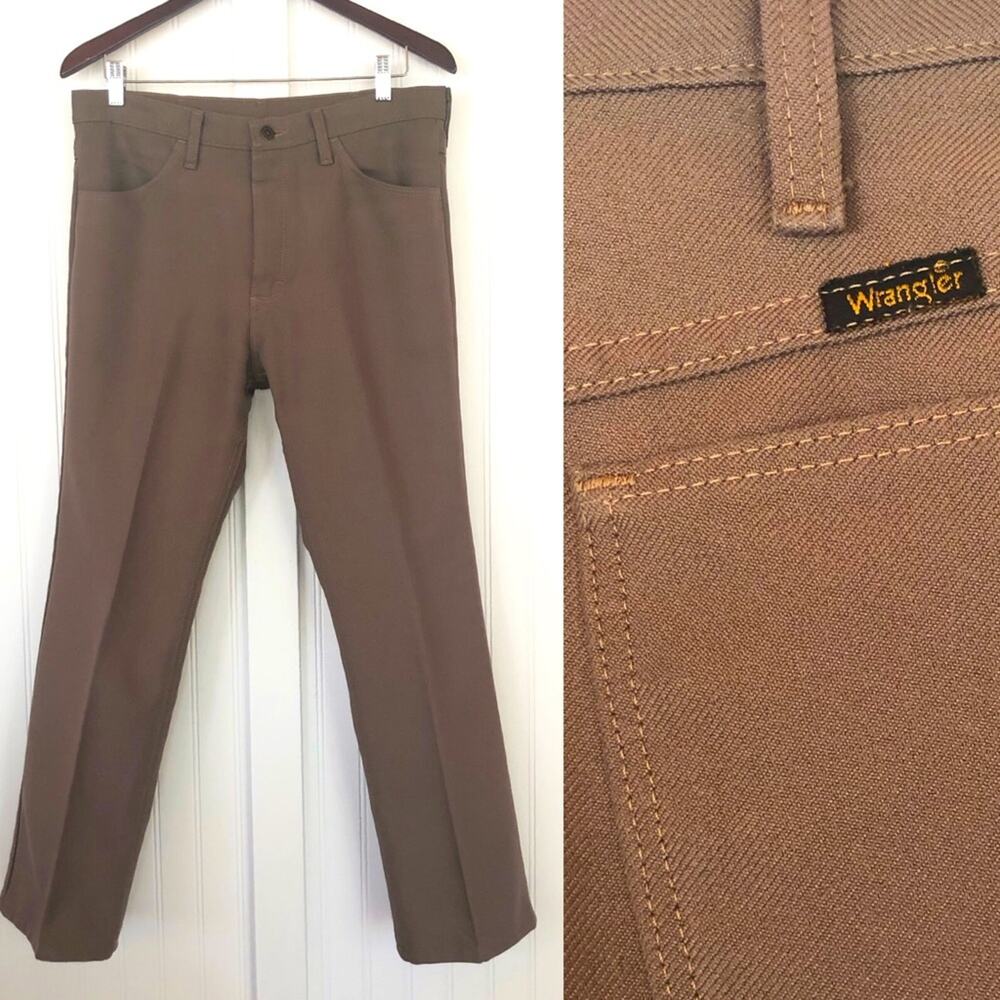 Vintage Wrangler 70's Pleated Slacks Men's Polyester Pants Creased Brown Tan 34